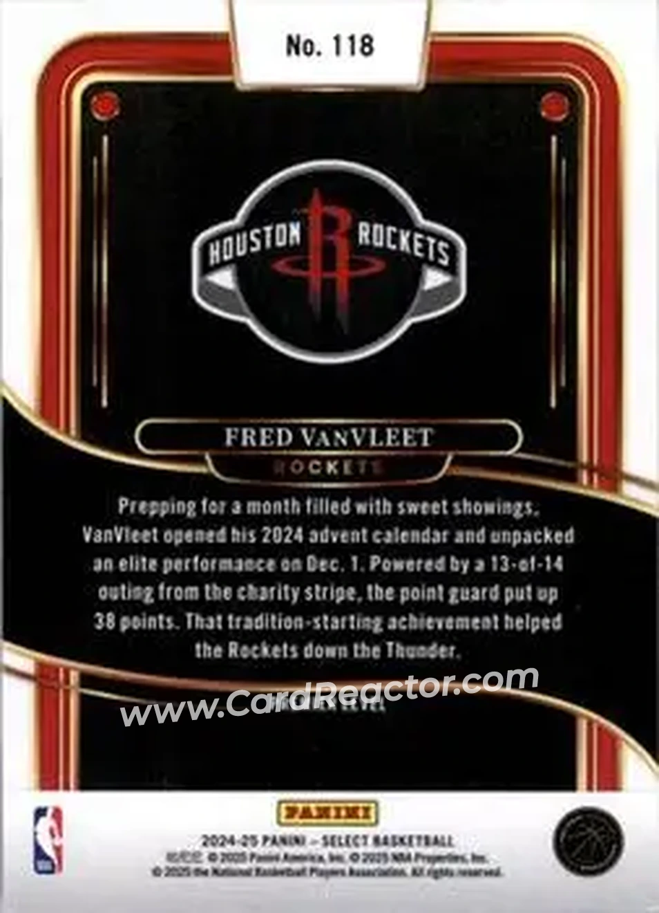 2024-25 Panini Select #118 - Fred VanVleet - Houston Rockets - Back