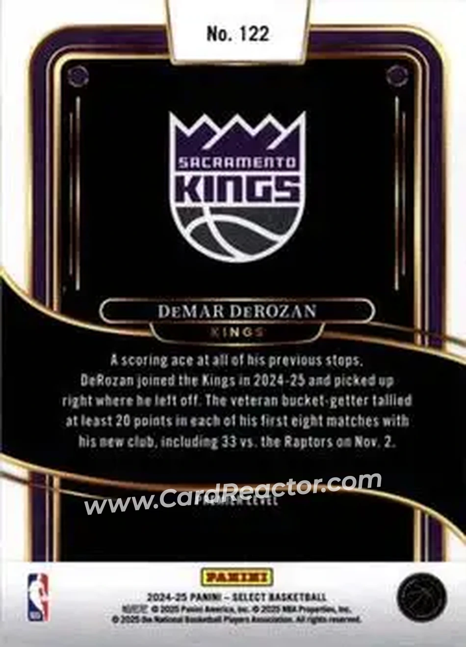 2024-25 Panini Select #122 - DeMar DeRozan - Sacramento Kings - Back