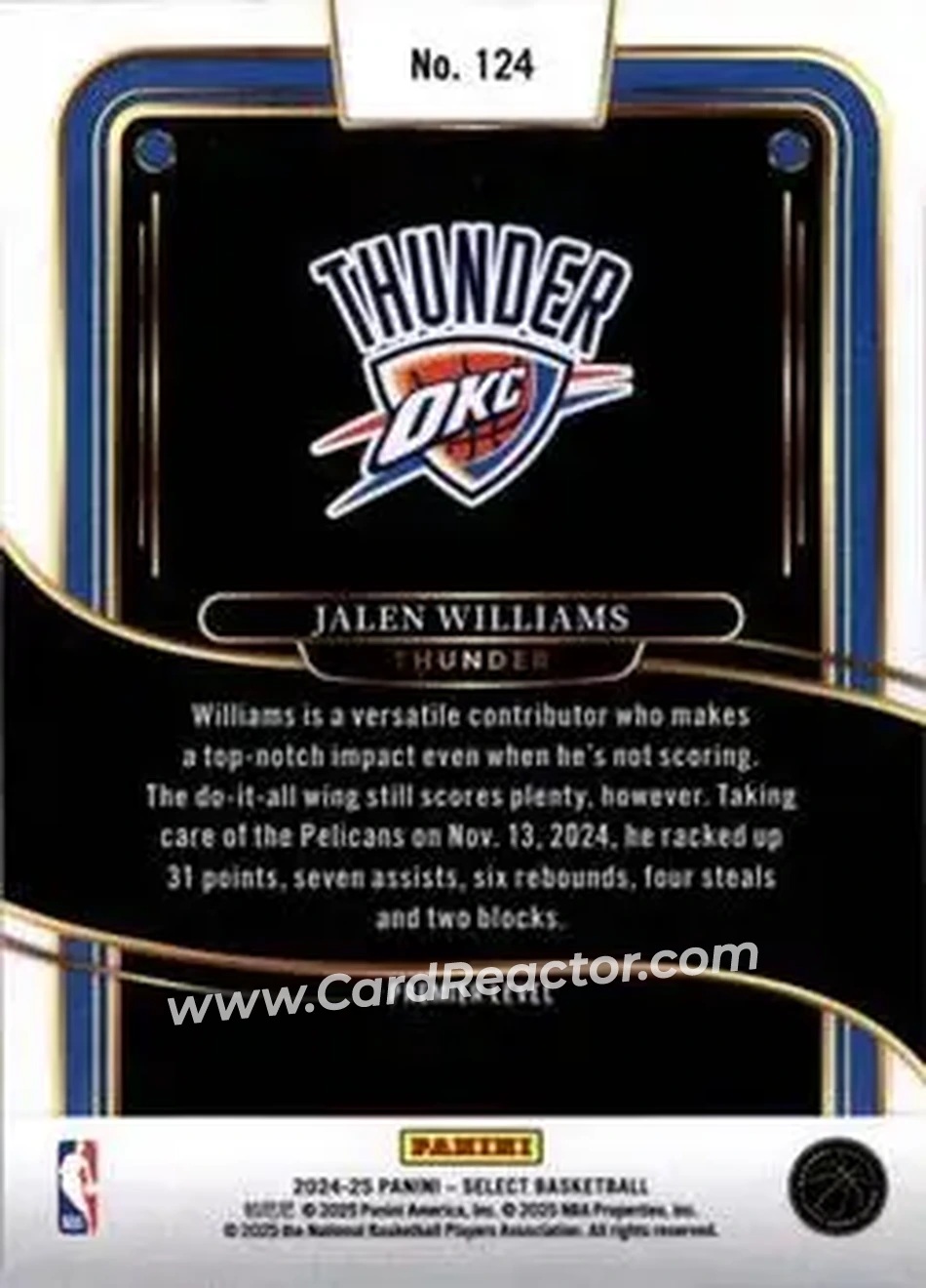 2024-25 Panini Select #124 - Jalen Williams - Oklahoma City Thunder - Back 2024-25 Panini Select #124 - Jalen Williams - Oklahoma City Thunder - Back