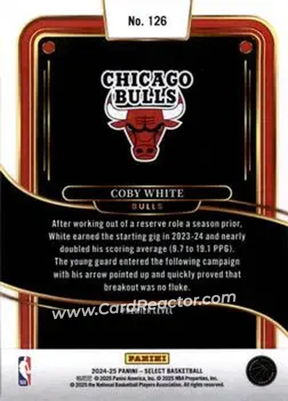 2024-25 Panini Select #126 - Coby White - Chicago Bulls - Back