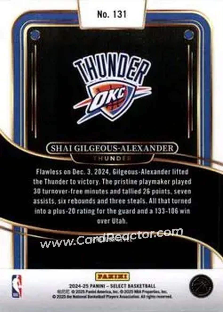 2024-25 Panini Select #131 - Shai Gilgeous-Alexander - Oklahoma City Thunder - Back 2024-25 Panini Select #131 - Shai Gilgeous-Alexander - Oklahoma City Thunder - Back