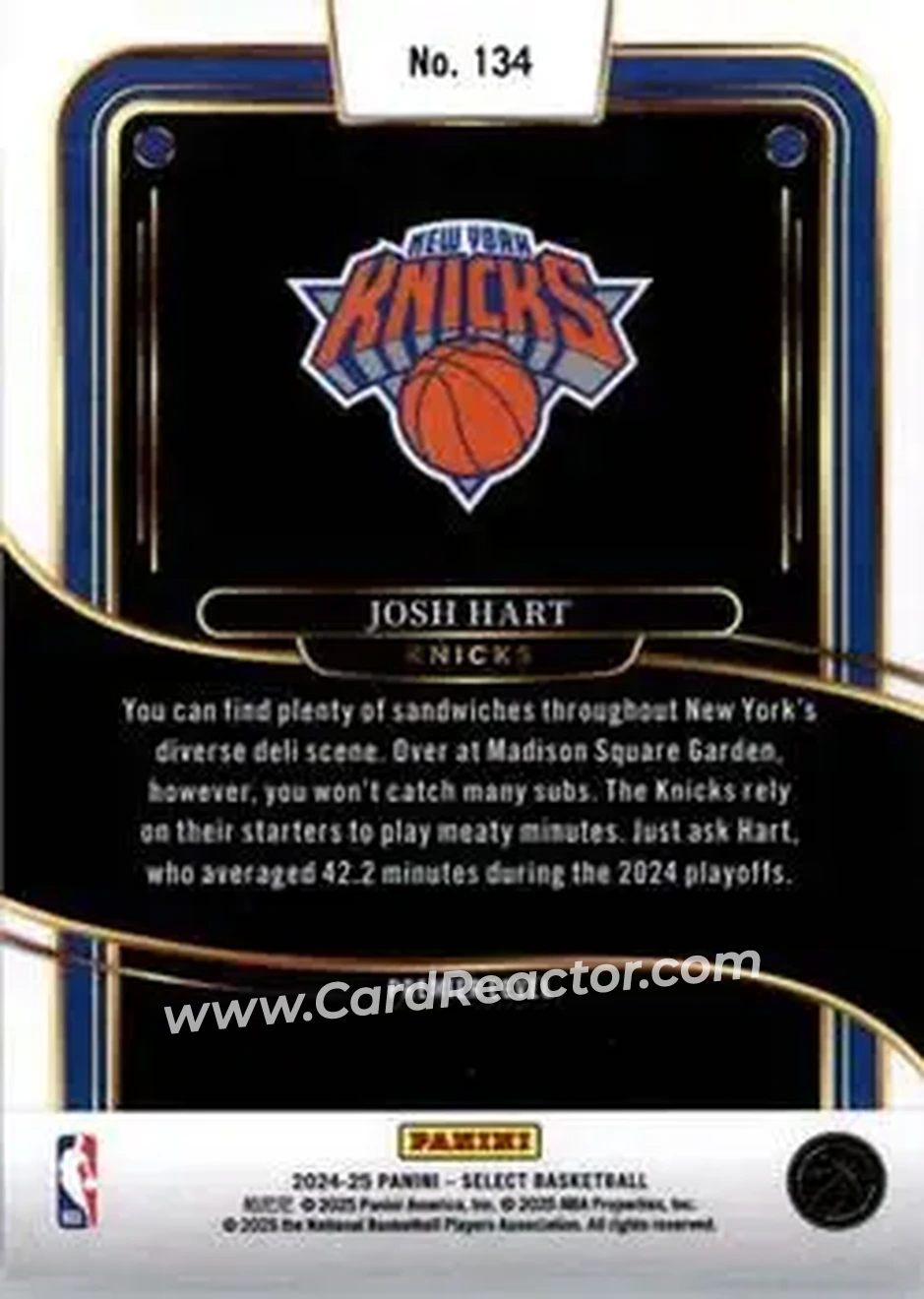 2024-25 Panini Select #134 - Josh Hart - New York Knicks - Back