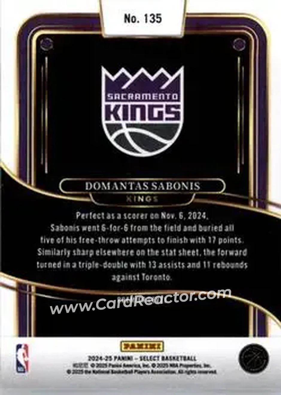 2024-25 Panini Select #135 - Domantas Sabonis - Sacramento Kings - Back