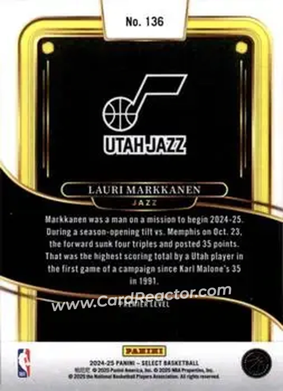 2024-25 Panini Select #136 - Lauri Markkanen - Utah Jazz - Back 2024-25 Panini Select #136 - Lauri Markkanen - Utah Jazz - Back