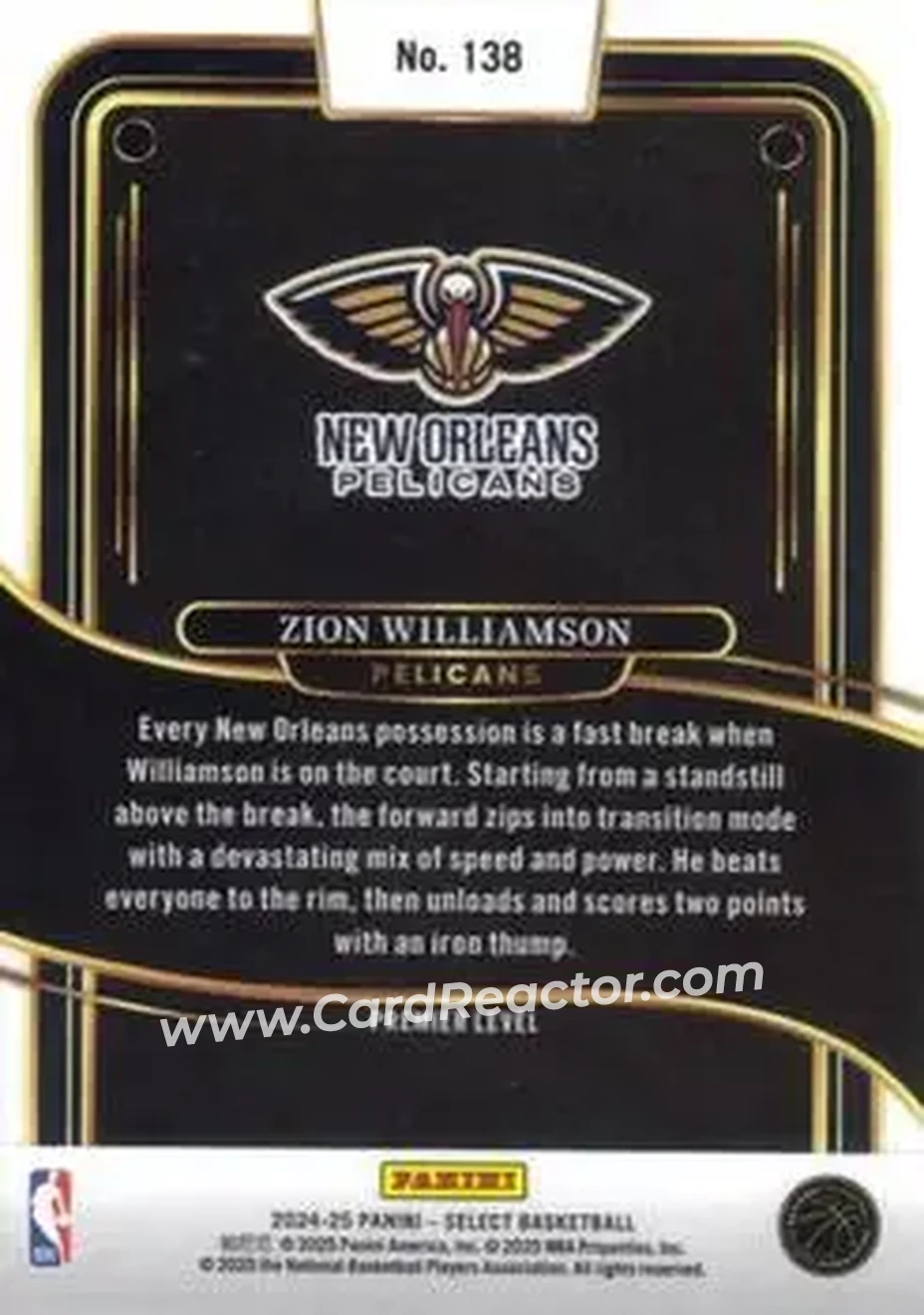 2024-25 Panini Select #138 - Zion Williamson - New Orleans Pelicans - Back