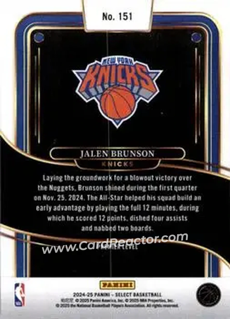 2024-25 Panini Select #151 - Jalen Brunson - New York Knicks - Back 2024-25 Panini Select #151 - Jalen Brunson - New York Knicks - Back
