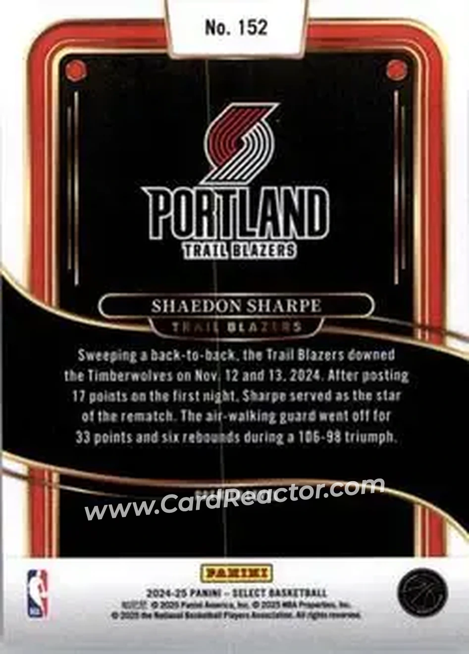 2024-25 Panini Select #152 - Shaedon Sharpe - Portland Trail Blazers - Back 2024-25 Panini Select #152 - Shaedon Sharpe - Portland Trail Blazers - Back