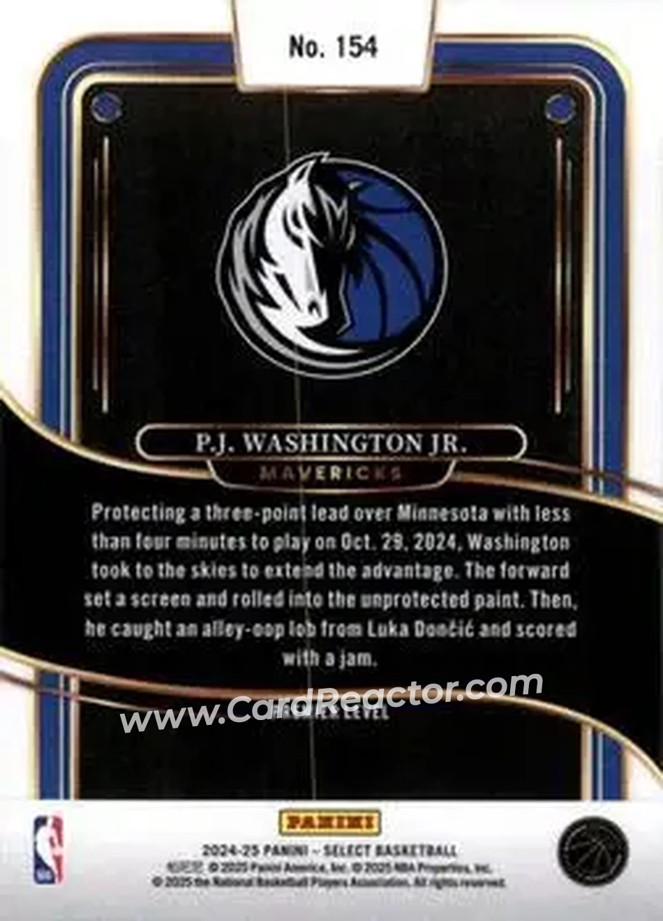 2024-25 Panini Select #154 - P.J. Washington - Dallas Mavericks - Back