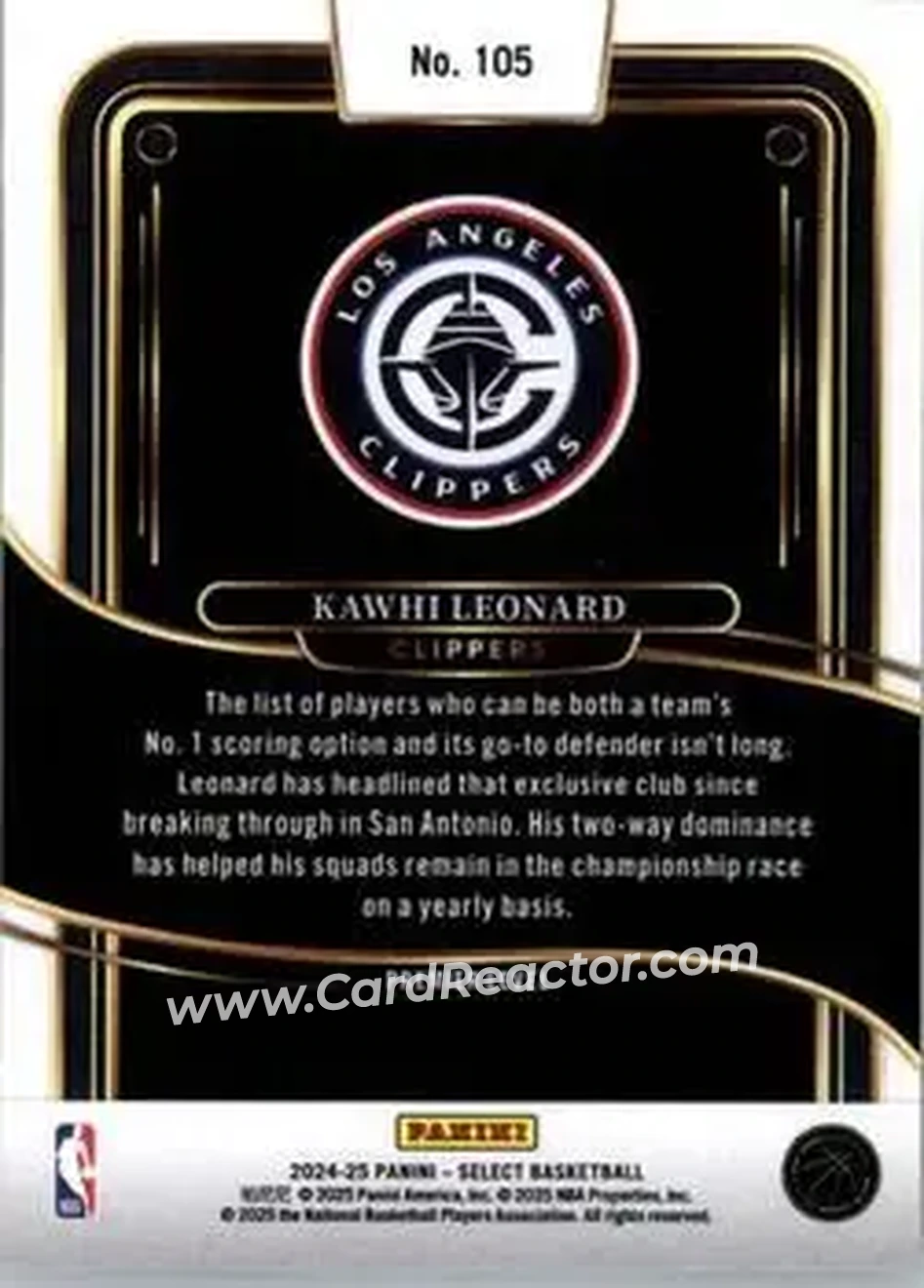 2024-25 Panini Select #105 - Kawhi Leonard - Los Angeles Clippers - Back