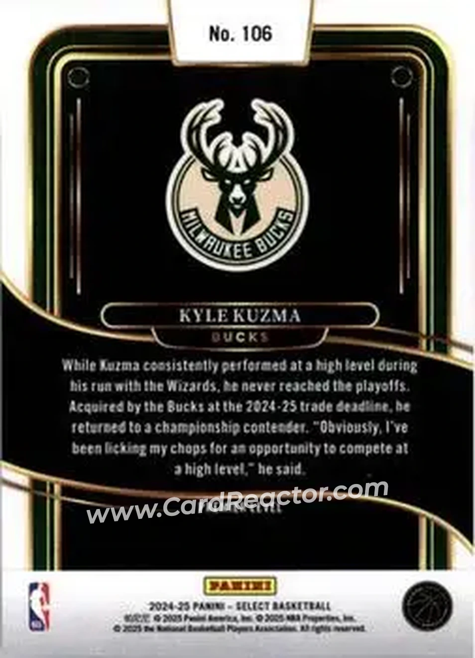 2024-25 Panini Select #106 - Kyle Kuzma - Milwaukee Bucks - Back 2024-25 Panini Select #106 - Kyle Kuzma - Milwaukee Bucks - Back