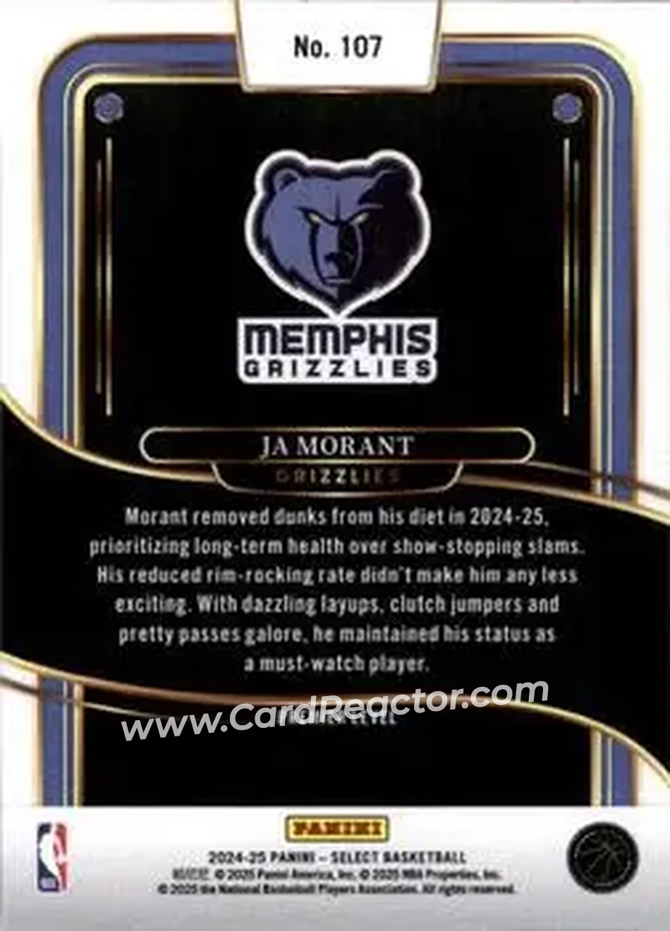 2024-25 Panini Select #107 - Ja Morant - Memphis Grizzlies - Back 2024-25 Panini Select #107 - Ja Morant - Memphis Grizzlies - Back