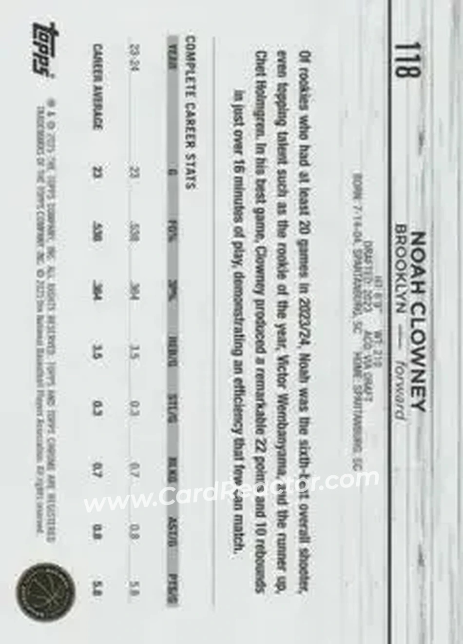2024-25 Topps Chrome #118 - Noah Clowney - Brooklyn Nets - Back 2024-25 Topps Chrome #118 - Noah Clowney - Brooklyn Nets - Back