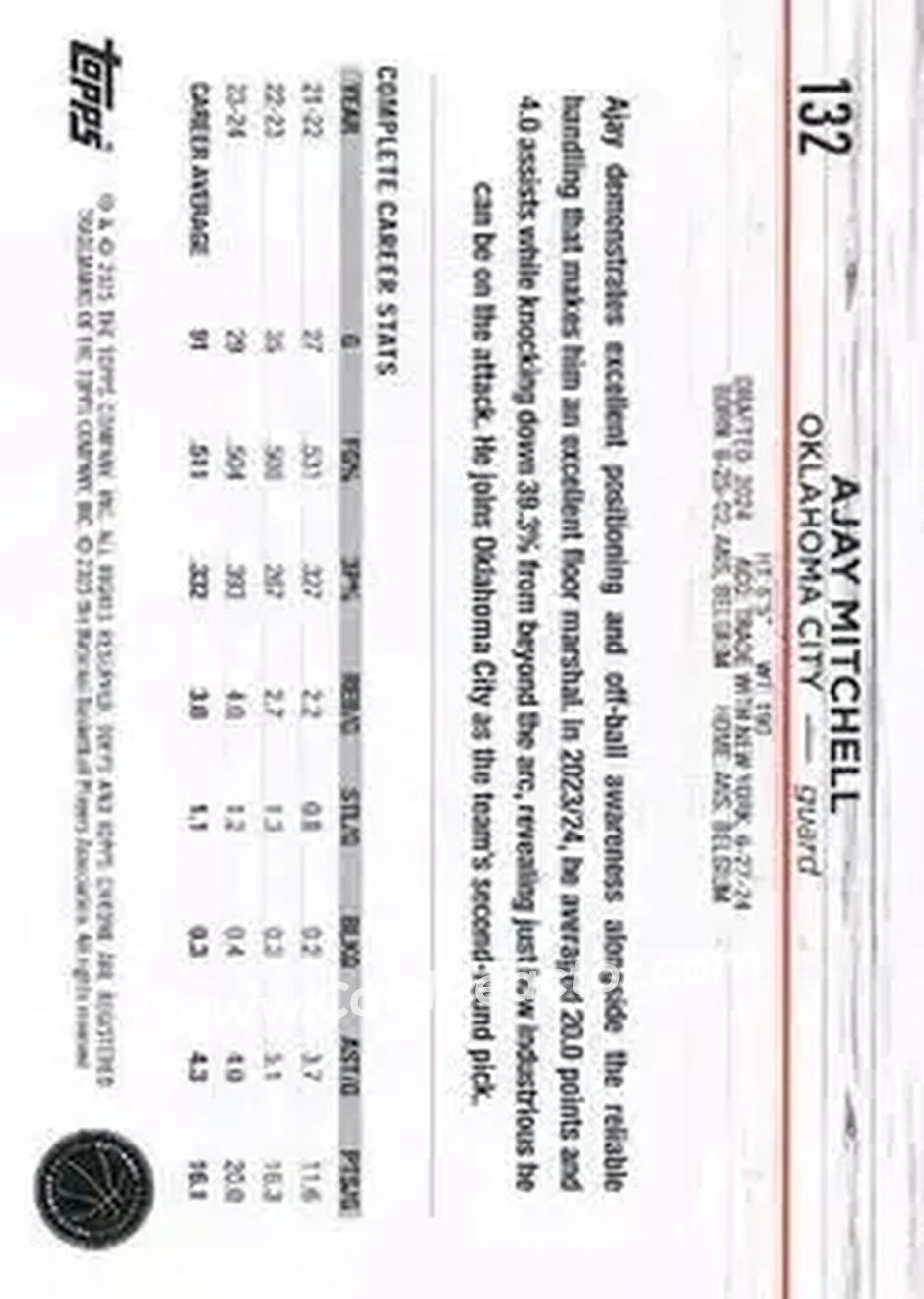2024-25 Topps Chrome #132 - Ajay Mitchell - Oklahoma City Thunder - Back 2024-25 Topps Chrome #132 - Ajay Mitchell - Oklahoma City Thunder - Back
