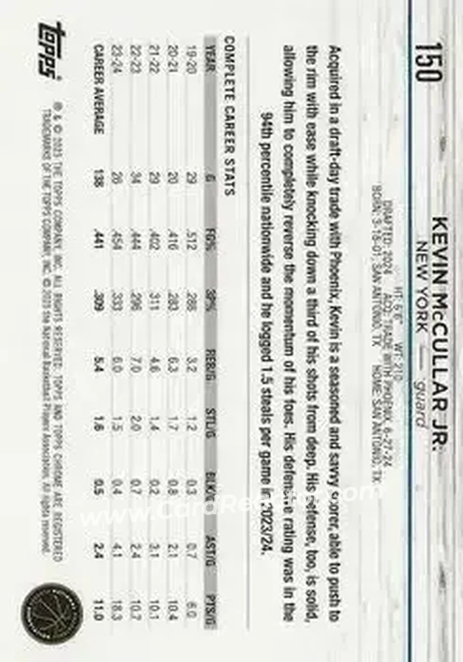 2024-25 Topps Chrome #150 - Kevin McCullar Jr. - New York Knicks - Back 2024-25 Topps Chrome #150 - Kevin McCullar Jr. - New York Knicks - Back