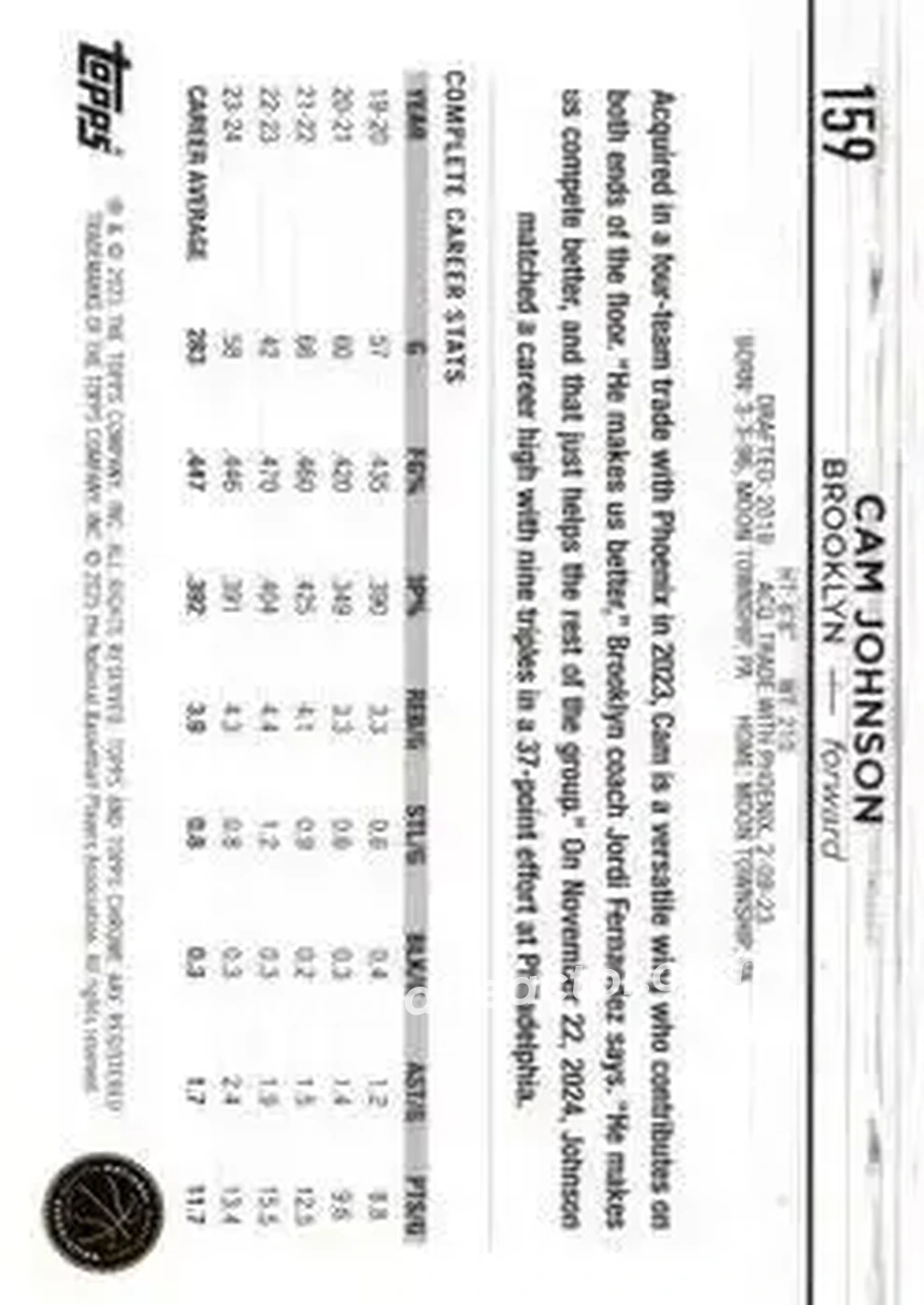 2024-25 Topps Chrome #159 - Cameron Johnson - Brooklyn Nets - Back 2024-25 Topps Chrome #159 - Cameron Johnson - Brooklyn Nets - Back