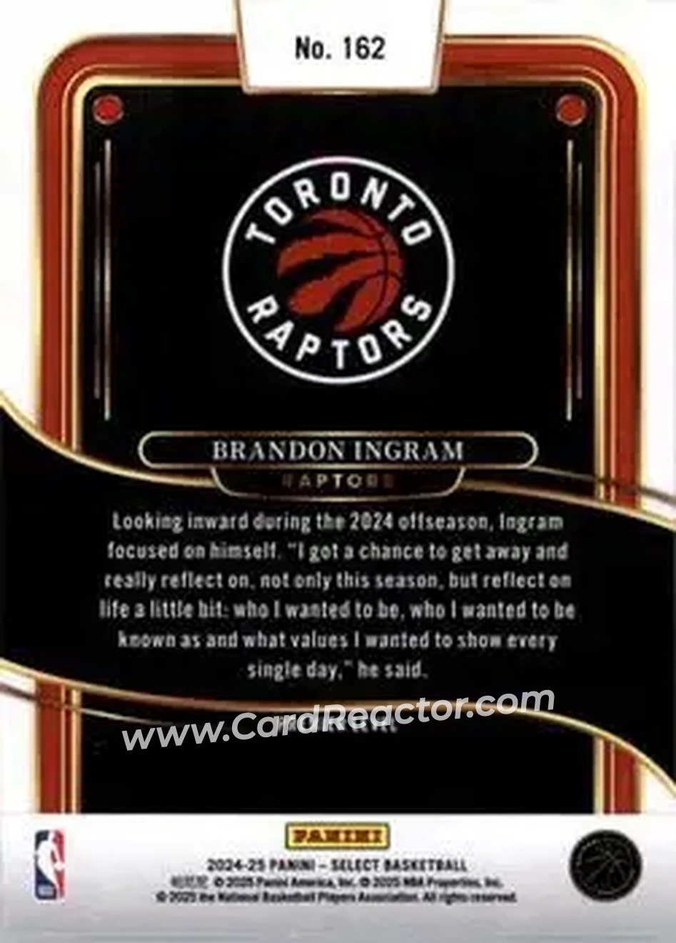 2024-25 Panini Select #162 - Brandon Ingram - Toronto Raptors - Back 2024-25 Panini Select #162 - Brandon Ingram - Toronto Raptors - Back