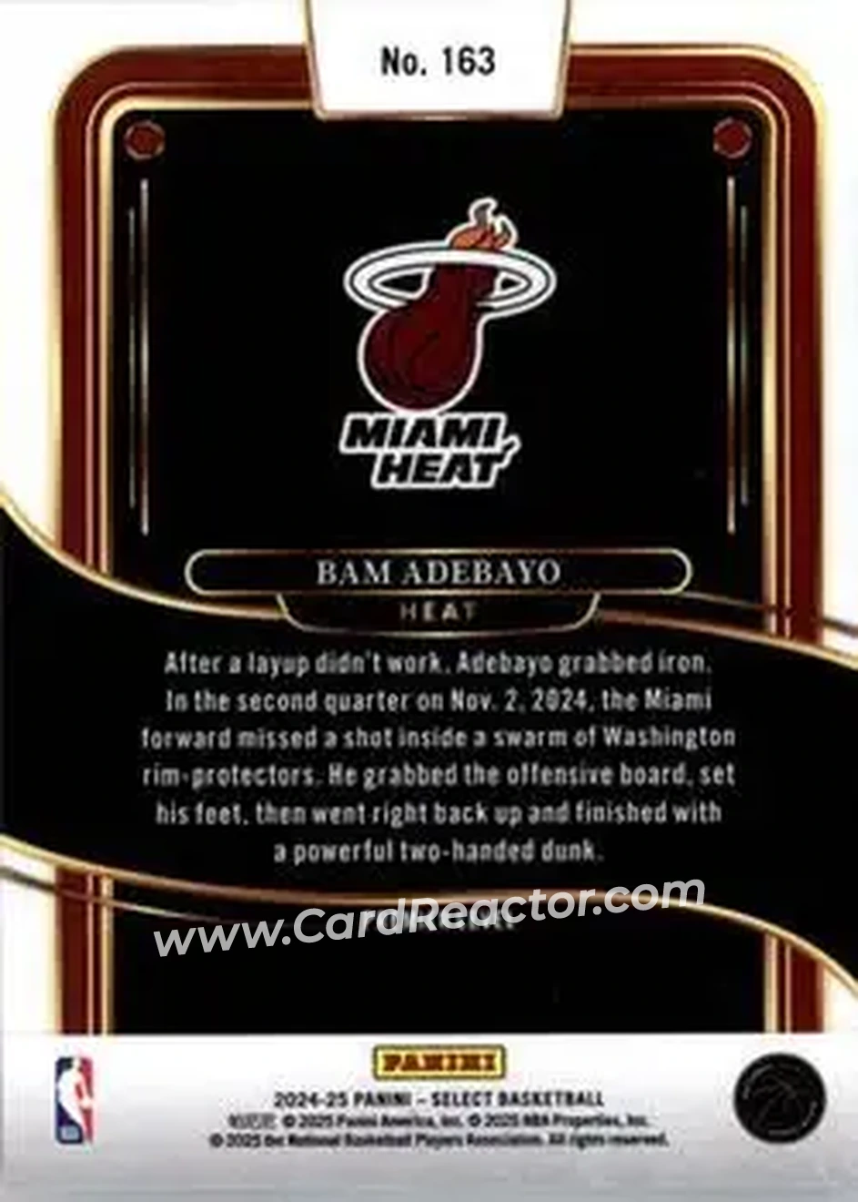 2024-25 Panini Select #163 - Bam Adebayo - Miami Heat - Back