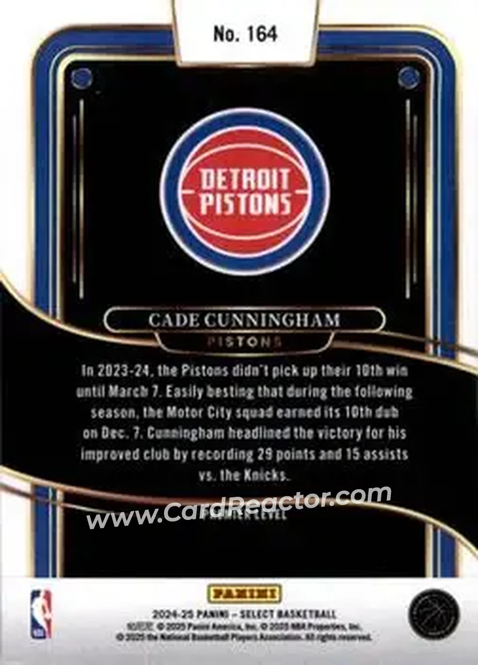 2024-25 Panini Select #164 - Cade Cunningham - Detroit Pistons - Back