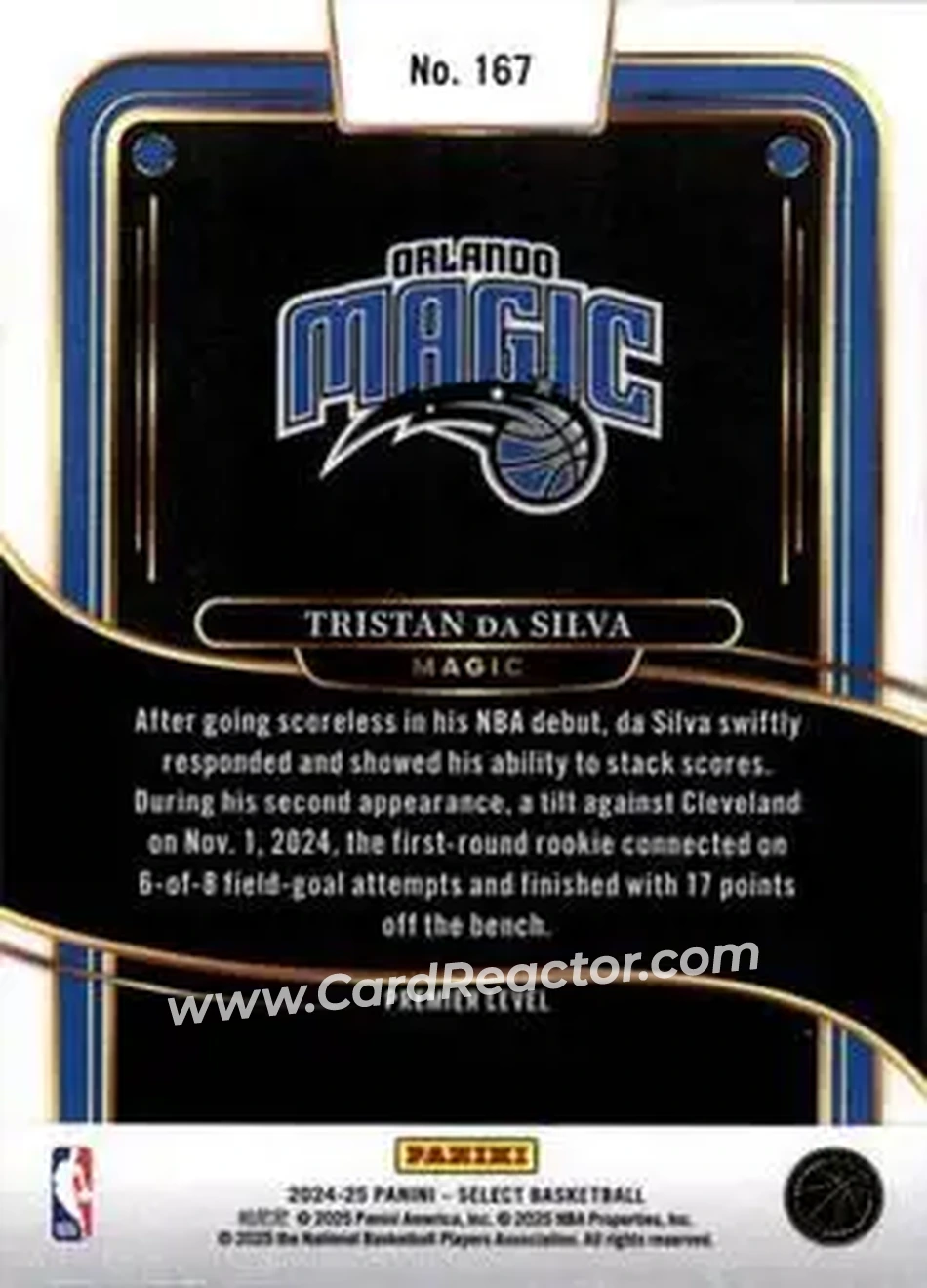 2024-25 Panini Select #167 - Tristan Da Silva - Orlando Magic - Back