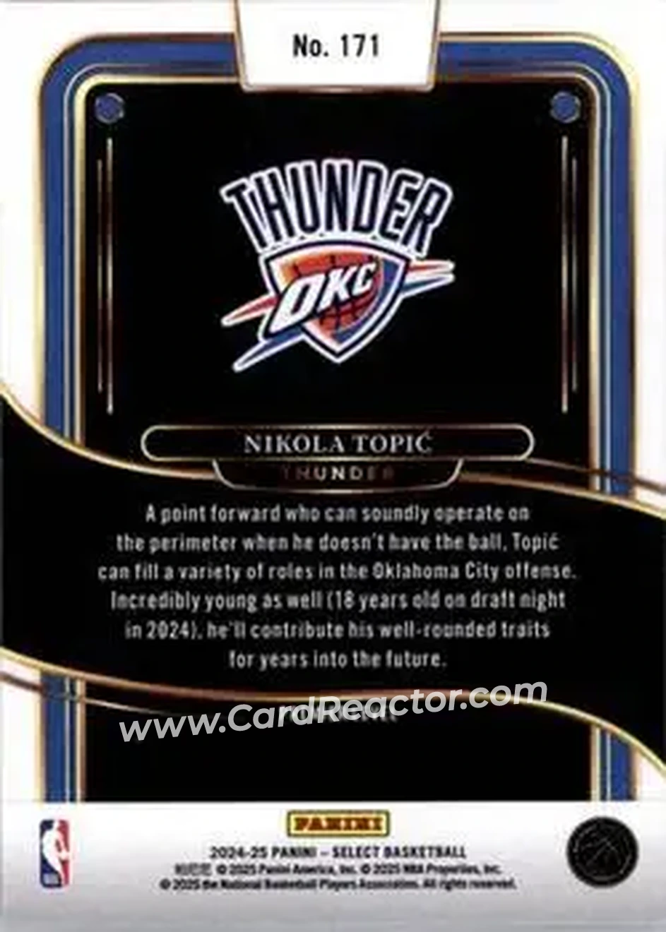 2024-25 Panini Select #171 - Nikola Topić - Oklahoma City Thunder - Back 2024-25 Panini Select #171 - Nikola Topić - Oklahoma City Thunder - Back