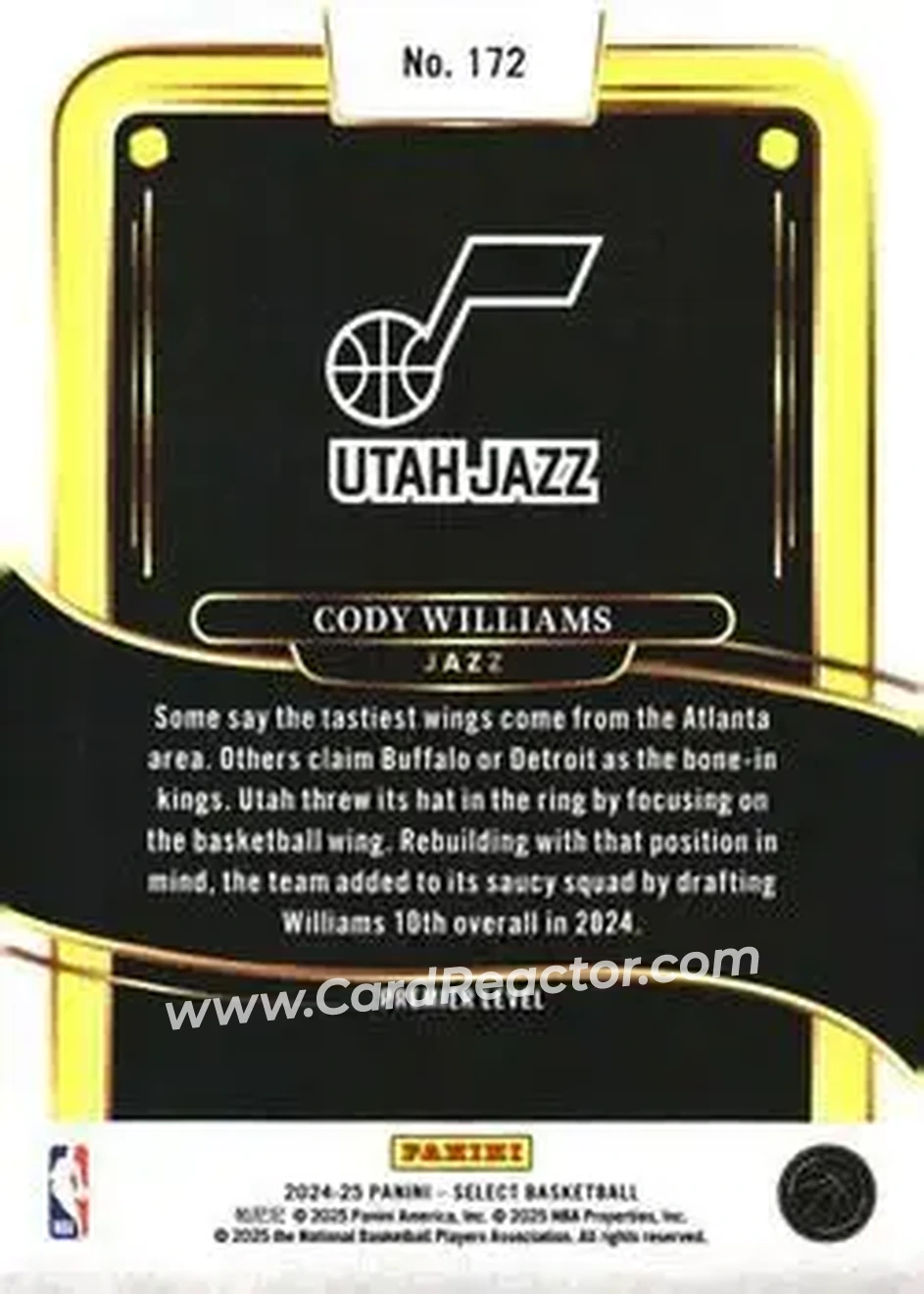 2024-25 Panini Select #172 - Cody Williams - Utah Jazz - Back 2024-25 Panini Select #172 - Cody Williams - Utah Jazz - Back