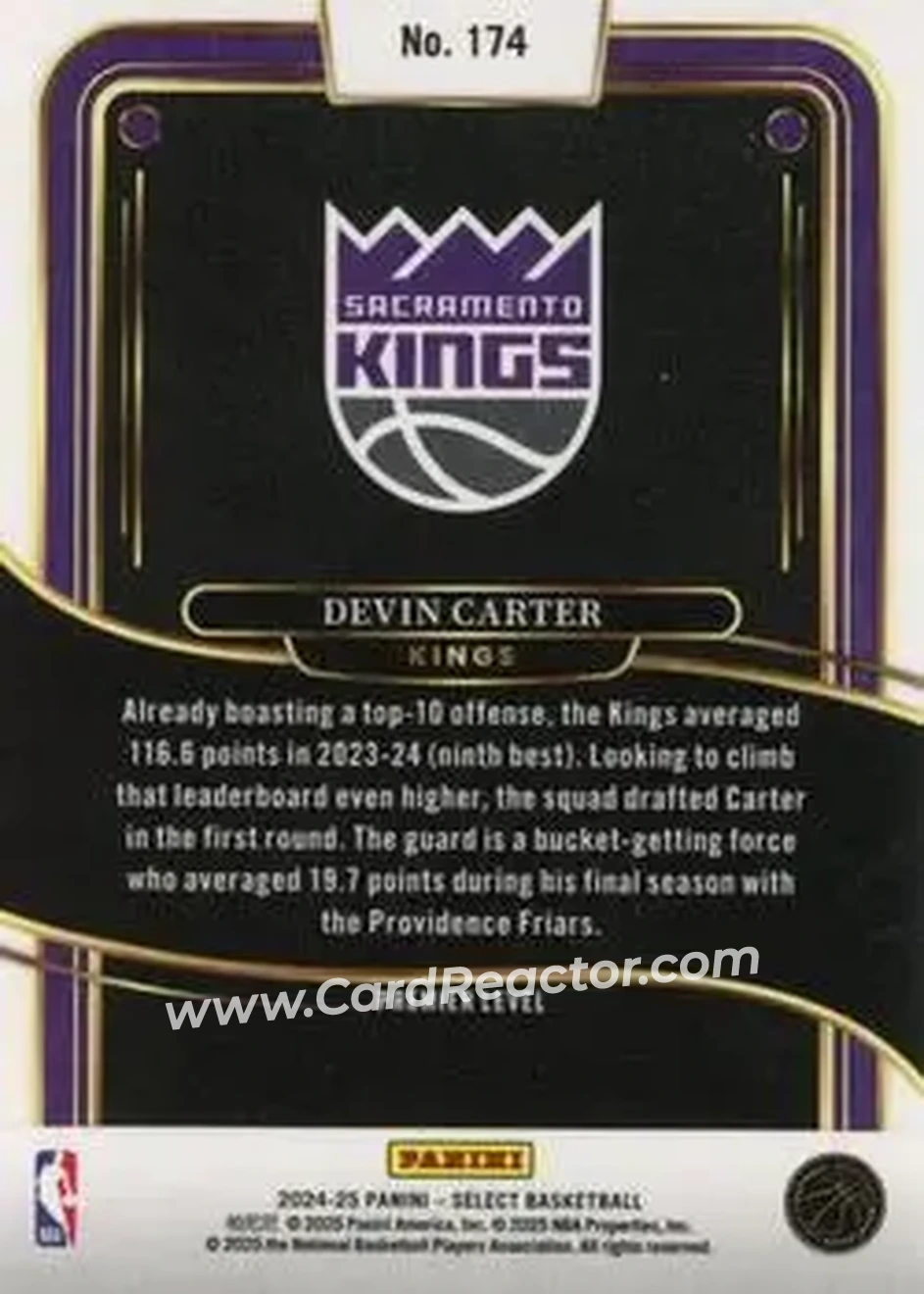 2024-25 Panini Select #174 - Devin Carter - Sacramento Kings - Back