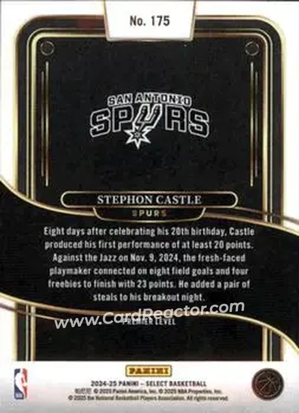 2024-25 Panini Select #175 - Stephon Castle - San Antonio Spurs - Back