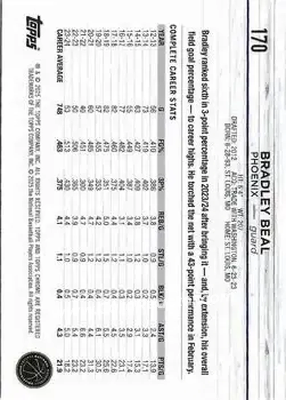 2024-25 Topps Chrome #170 - Bradley Beal - Phoenix Suns - Back