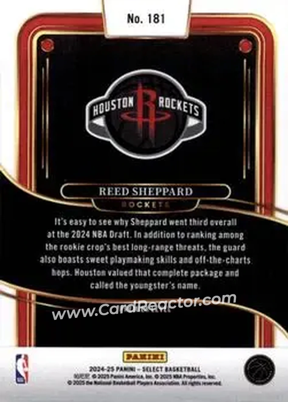 2024-25 Panini Select #181 - Reed Sheppard - Houston Rockets - Back