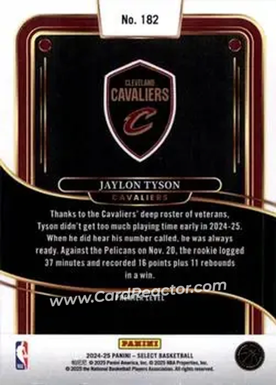 2024-25 Panini Select #182 - Jaylon Tyson - Cleveland Cavaliers - Back