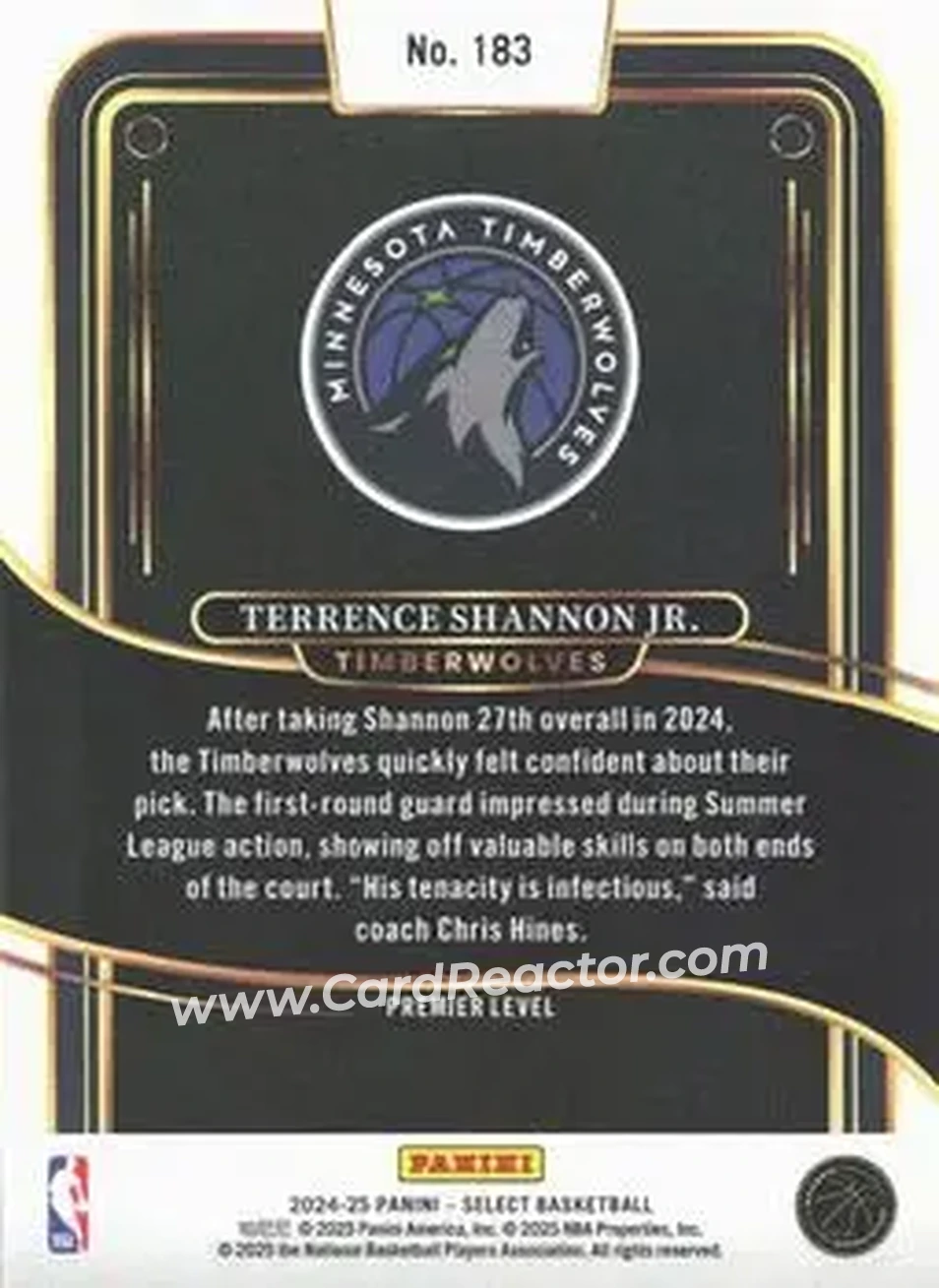 2024-25 Panini Select #183 - Terrence Shannon Jr. - Minnesota Timberwolves - Back 2024-25 Panini Select #183 - Terrence Shannon Jr. - Minnesota Timberwolves - Back