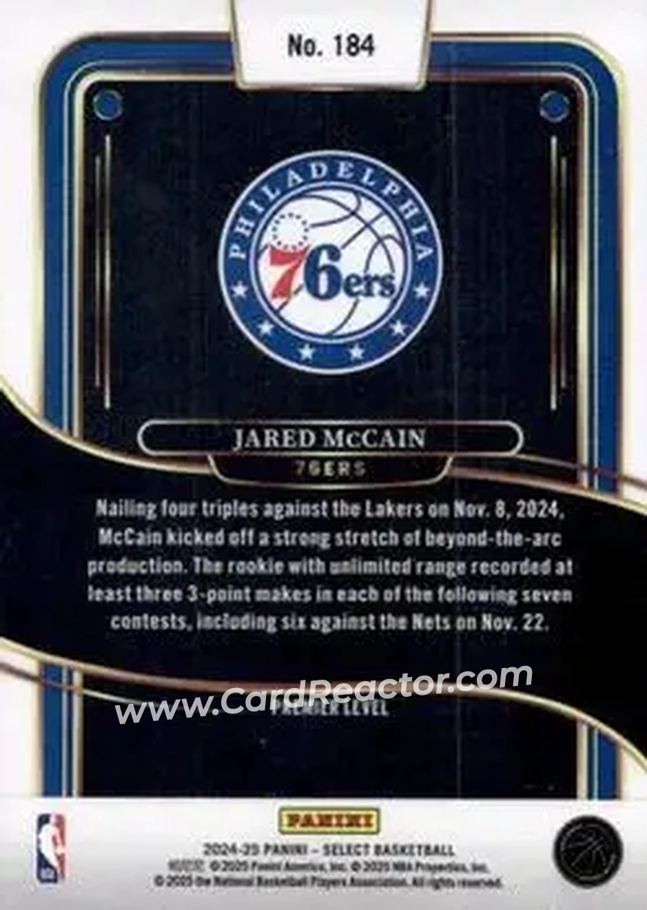2024-25 Panini Select #184 - Jared McCain - Philadelphia 76ers - Back