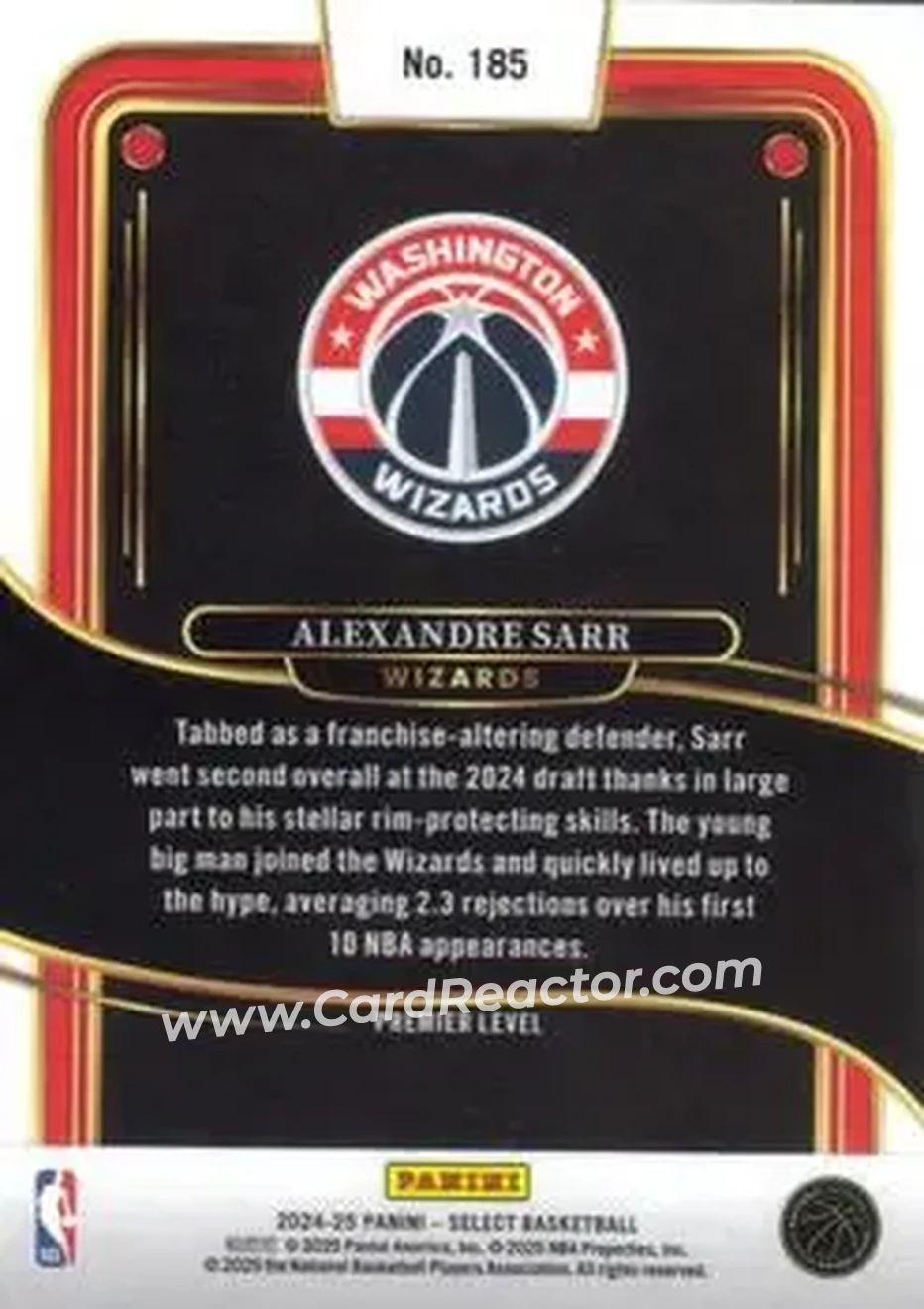 2024-25 Panini Select #185 - Alex Sarr - Washington Wizards - Back 2024-25 Panini Select #185 - Alex Sarr - Washington Wizards - Back