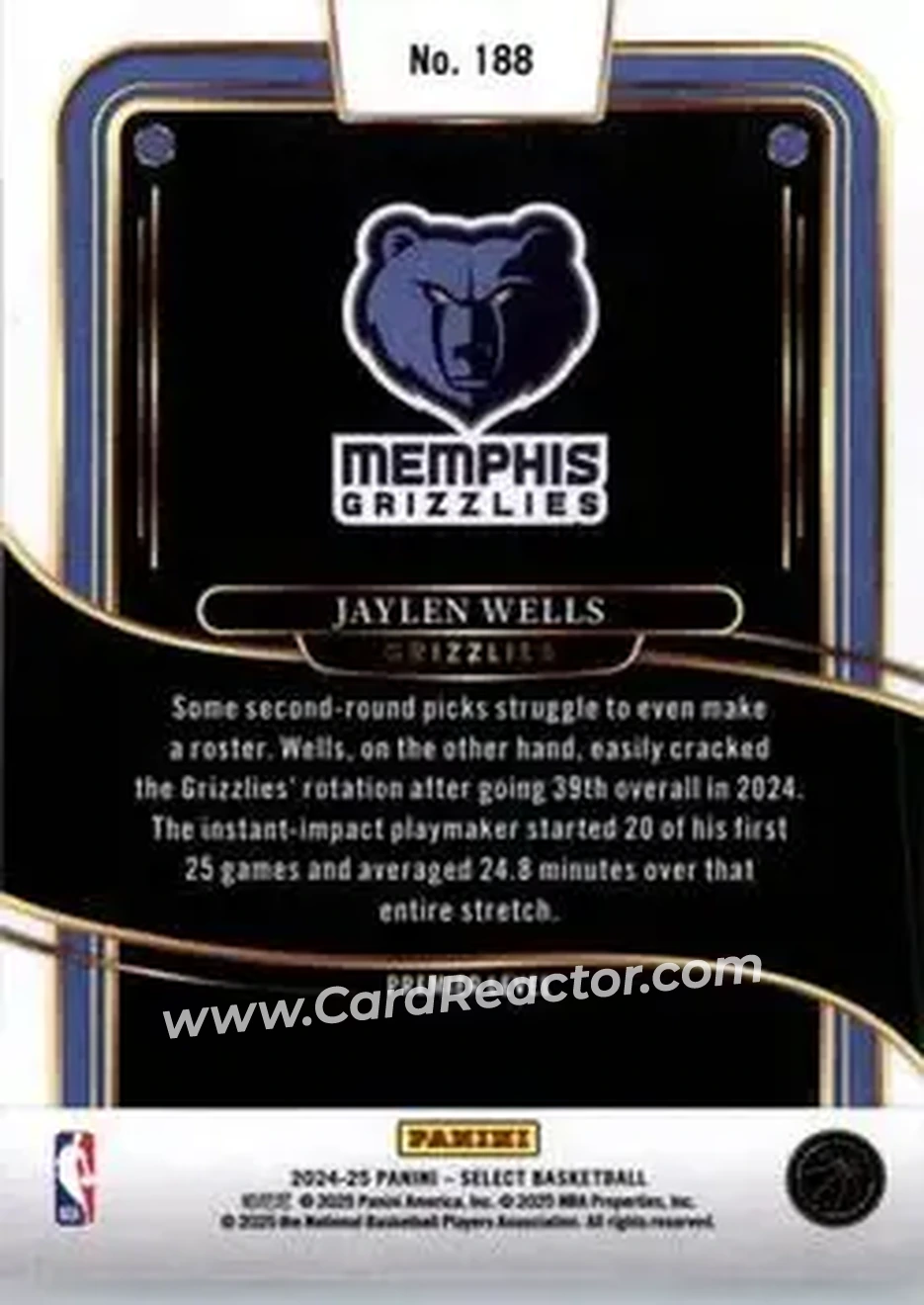 2024-25 Panini Select #188 - Jaylen Wells - Memphis Grizzlies - Back