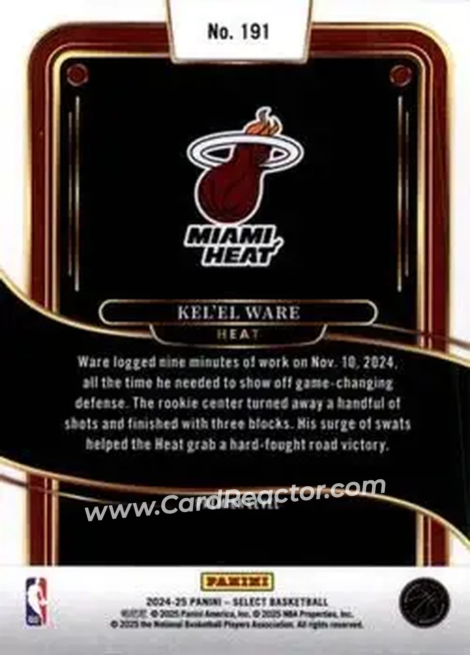 2024-25 Panini Select #191 - Kel'el Ware - Miami Heat - Back