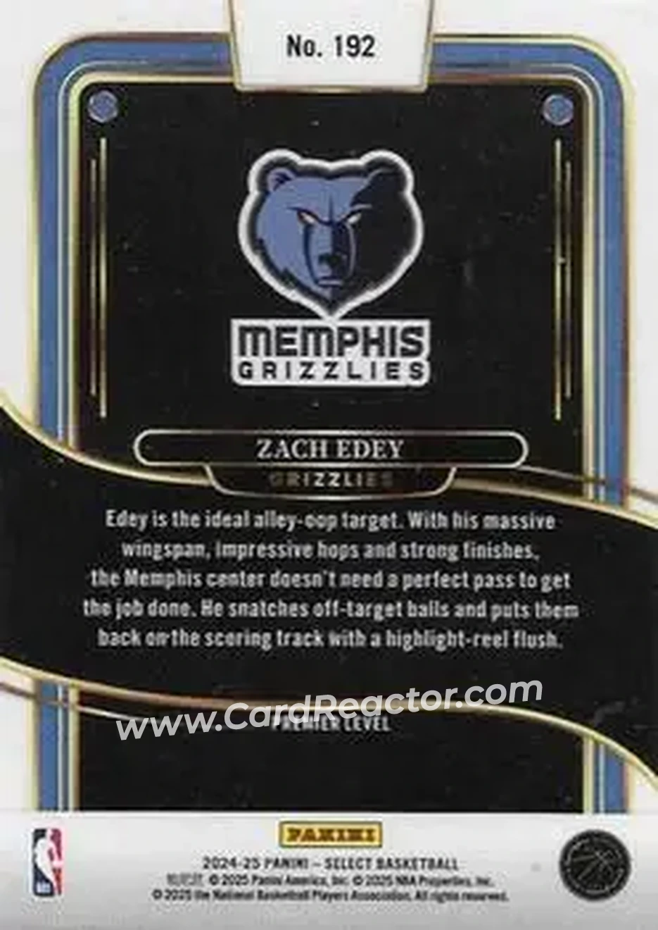 2024-25 Panini Select #192 - Zach Edey - Memphis Grizzlies - Back
