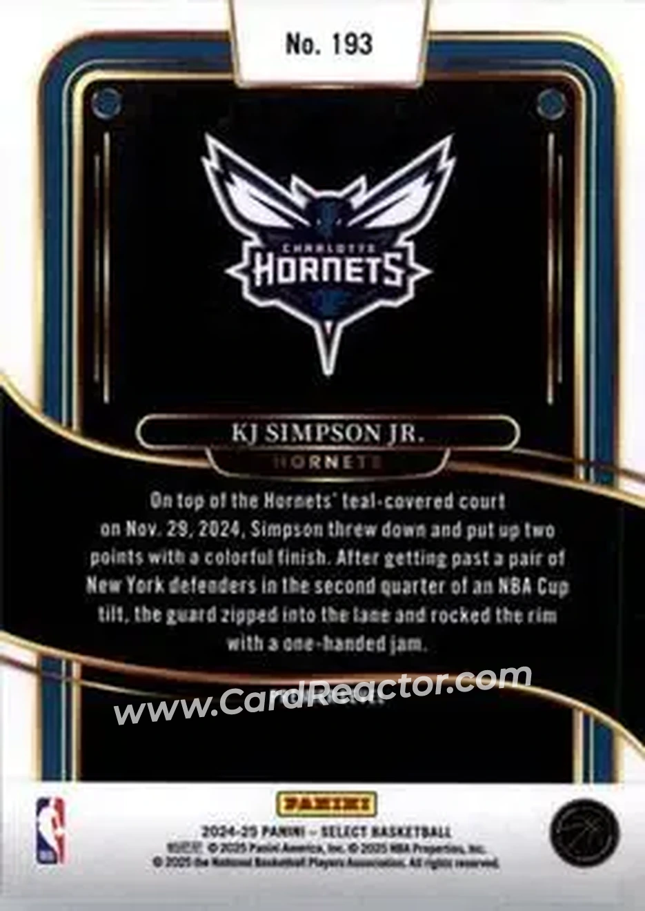 2024-25 Panini Select #193 - KJ Simpson Jr. - Charlotte Hornets - Back