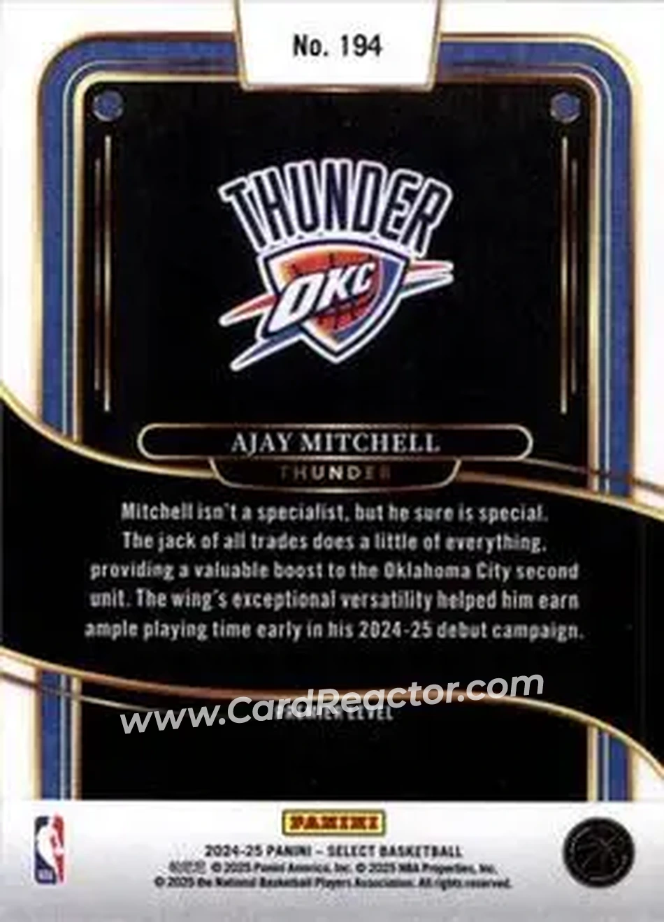 2024-25 Panini Select #194 - Ajay Mitchell - Oklahoma City Thunder - Back