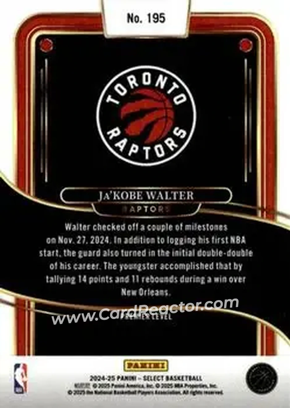 2024-25 Panini Select #195 - Ja'Kobe Walter - Toronto Raptors - Back
