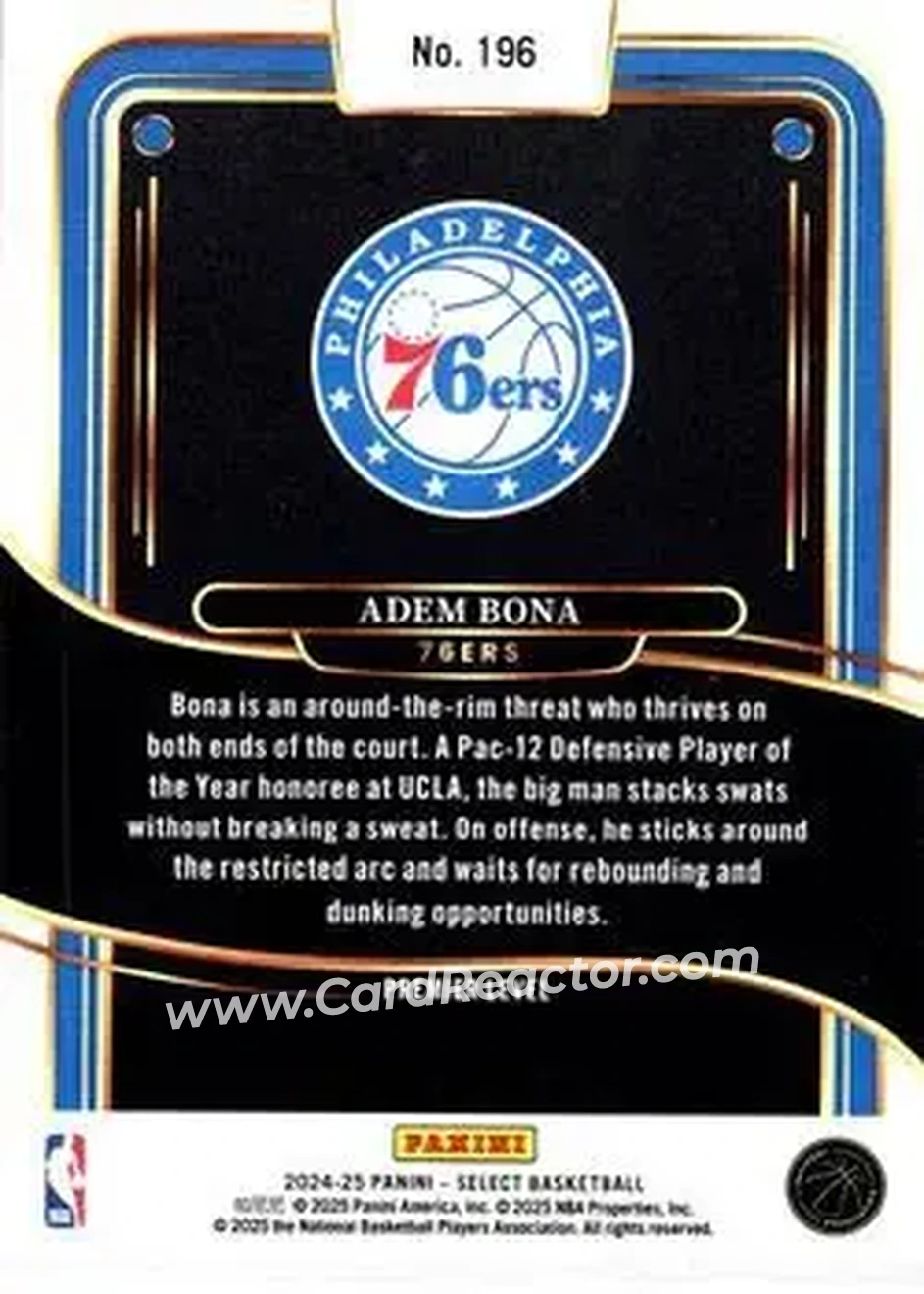 2024-25 Panini Select #196 - Adem Bona - Philadelphia 76ers - Back