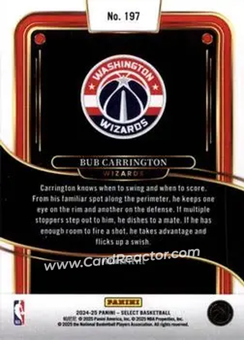 2024-25 Panini Select #197 - Bub Carrington - Washington Wizards - Back 2024-25 Panini Select #197 - Bub Carrington - Washington Wizards - Back