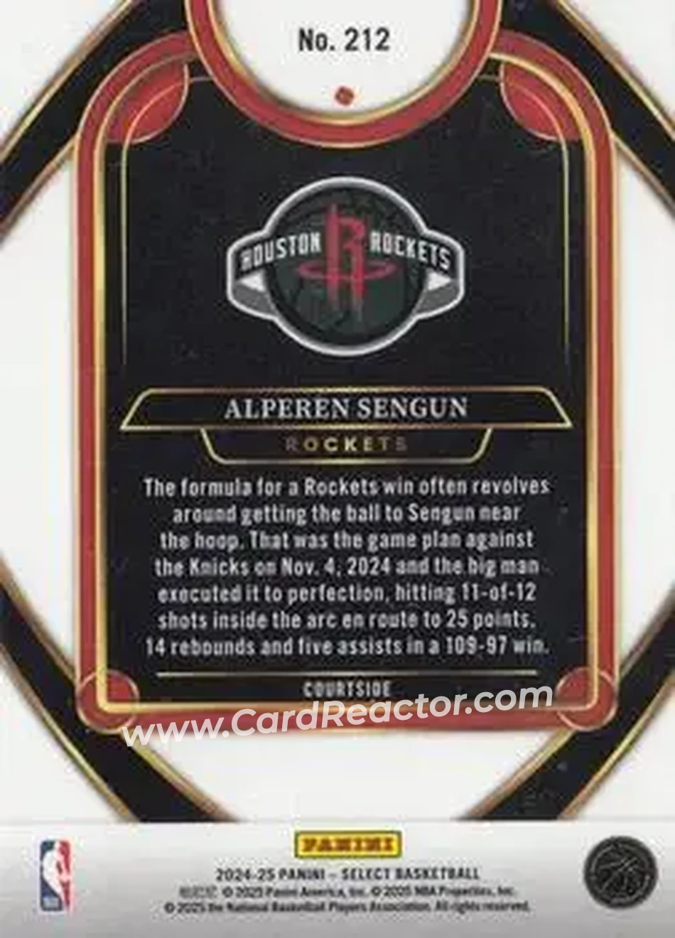 2024-25 Panini Select #212 - Alperen Sengun - Houston Rockets - Back