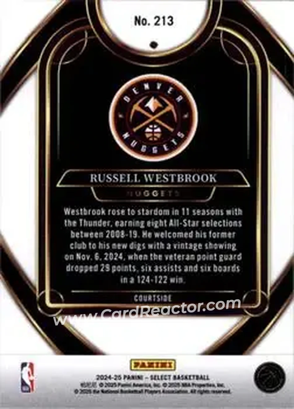 2024-25 Panini Select #213 - Russell Westbrook - Denver Nuggets - Back