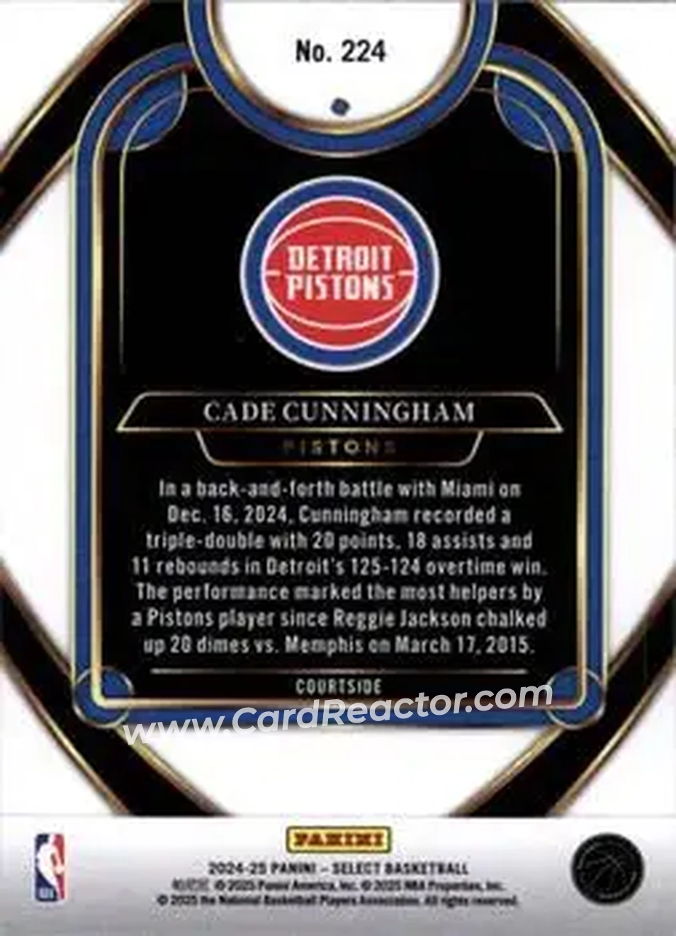 2024-25 Panini Select #224 - Cade Cunningham - Detroit Pistons - Back