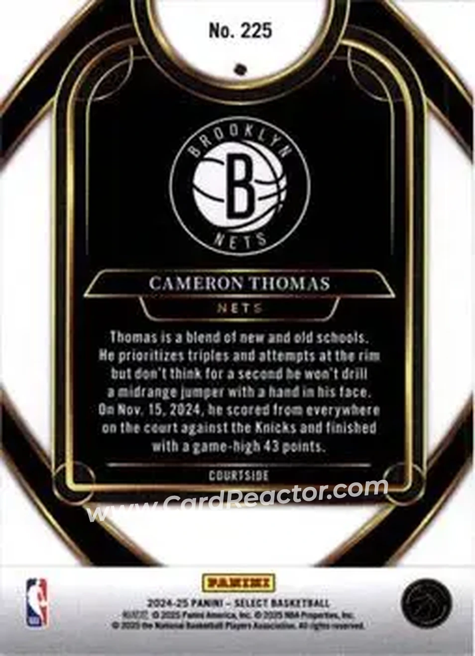 2024-25 Panini Select #225 - Cam Thomas - Brooklyn Nets - Back 2024-25 Panini Select #225 - Cam Thomas - Brooklyn Nets - Back