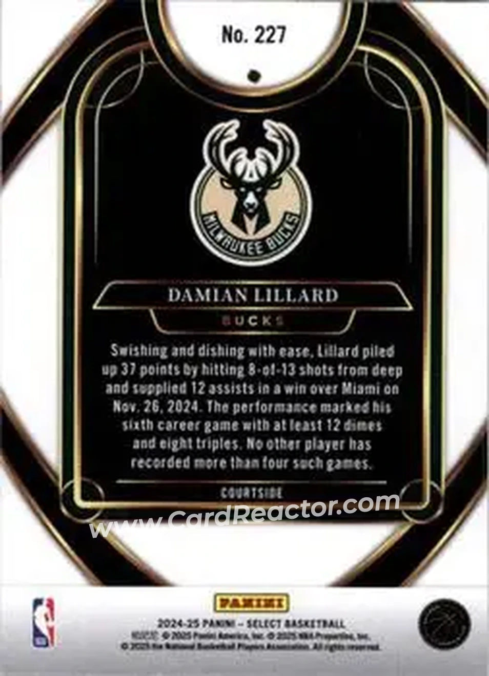 2024-25 Panini Select #227 - Damian Lillard - Milwaukee Bucks - Back 2024-25 Panini Select #227 - Damian Lillard - Milwaukee Bucks - Back