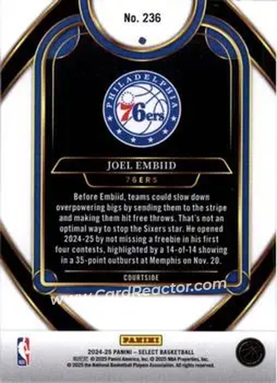 2024-25 Panini Select #236 - Joel Embiid - Philadelphia 76ers - Back