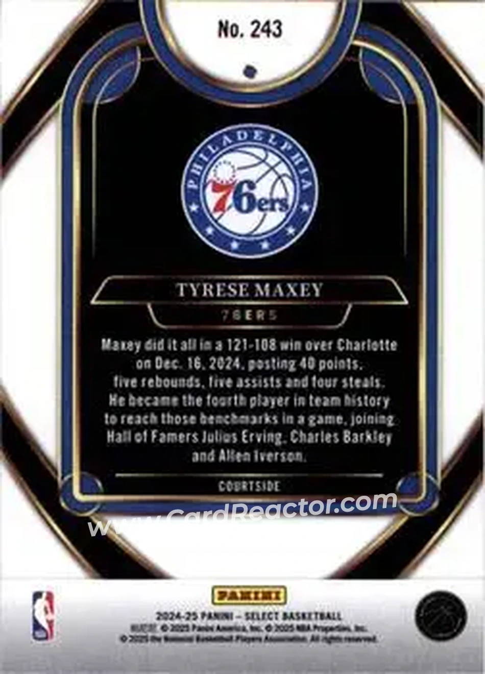 2024-25 Panini Select #243 - Tyrese Maxey - Philadelphia 76ers - Back 2024-25 Panini Select #243 - Tyrese Maxey - Philadelphia 76ers - Back