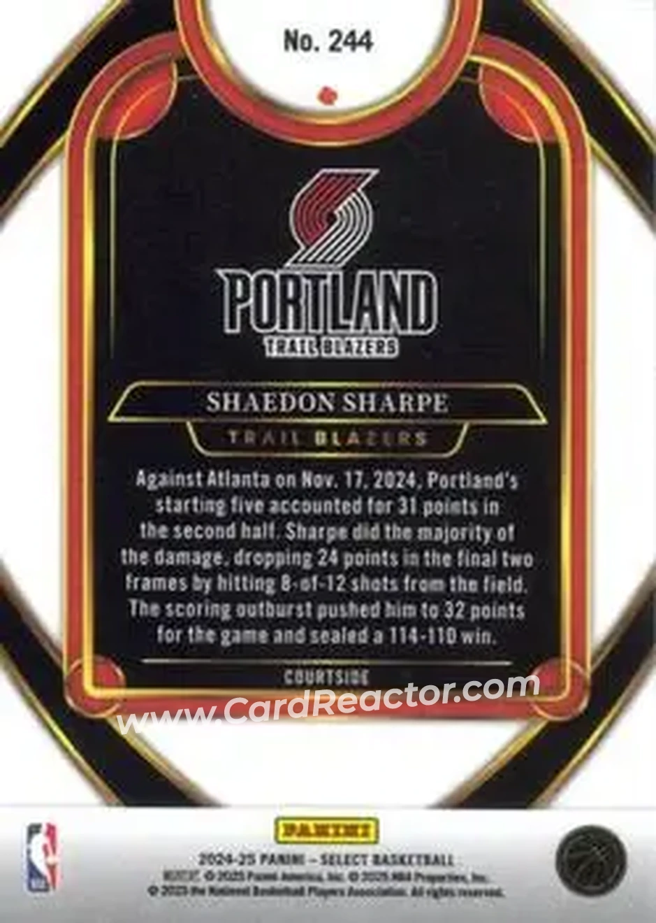 2024-25 Panini Select #244 - Shaedon Sharpe - Portland Trail Blazers - Back