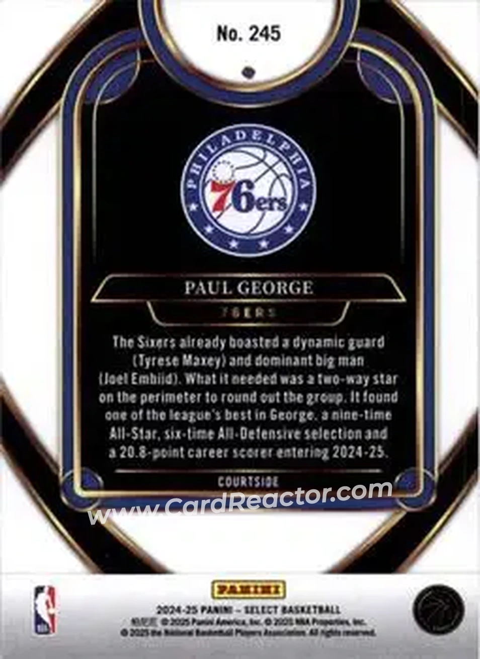 2024-25 Panini Select #245 - Paul George - Philadelphia 76ers - Back